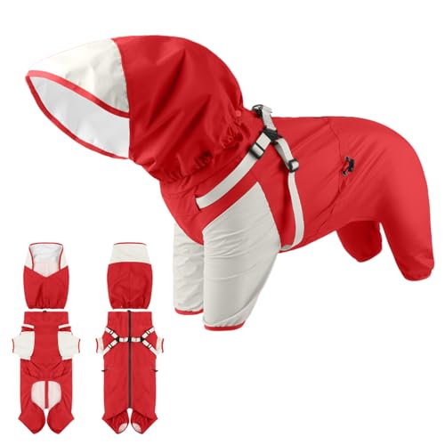 Duuclume Hunde-Regenmantel, wasserdichte Hundejacke mit abnehmbarer Kapuze und elastischen, verstellbaren Schnallen, leichte und lebendige 4-Beine-Haustier-Regenjacke mit atmungsaktivem Netz und Loch von Duuclume