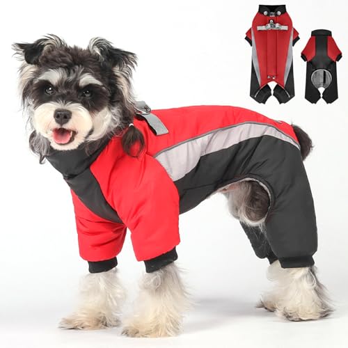 Duuclume Hunde-Wintermantel, warme Jacke, verstellbar, wasserdicht, 4 Beine, Haustier-Overall mit D-Ring und reflektierenden Streifen für kleine bis große Hunde (Schwarz-Rot, XL) von Duuclume