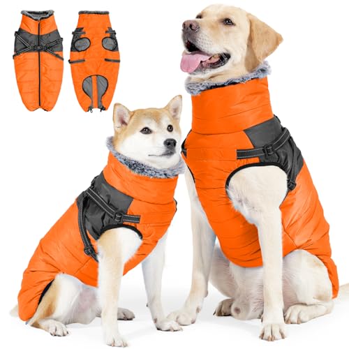 Duuclume Hunde Wintermantel,Wasserdicht & Winddicht, Warm mit Hohem Halsausschnitt, Integriertem Geschirr, Reflektierenden Weste & Reißverschluss – Ideal für Kalte Temperaturen & Schnee (Orange, L) von Duuclume
