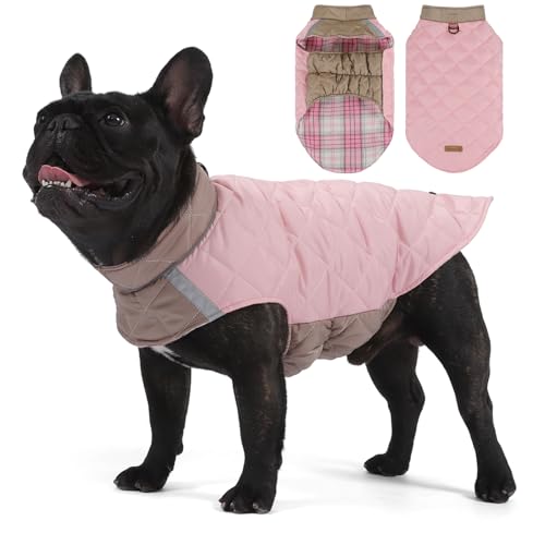 Duuclume Wendbarer, wasserdichter, warmer Hundemantel, britischer Stil, kariert, Winterjacke für Haustiere, mit reflektierendem Streifen und D-Ring, doppelseitige Welpenweste für kleine bis große von Duuclume