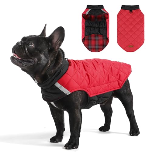 Duuclume Wendbarer, wasserdichter, warmer Hundemantel, britischer Stil, karierte Haustier-Winterjacke mit reflektierendem Streifen und D-Ring, doppelseitige Welpenweste für kleine bis große Hunde (Rot von Duuclume