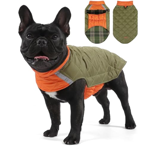 Duuclume Wendbarer, wasserdichter, warmer Hundemantel, britischer Stil, karierte Haustier-Winterjacke mit reflektierenden Streifen und D-Ring, doppelseitige Welpenweste für kleine bis große Hunde von Duuclume