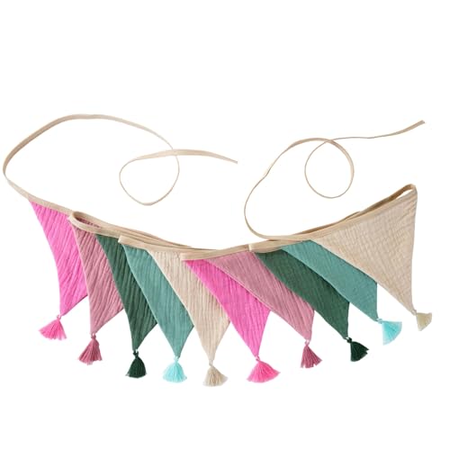 Bunte Baumwoll-Krepp-Wimpelkette mit Fransen für Kinderzimmer, Dekoration, Kinderpartys, Babypartys, Wandbehang, Bonbonfarben, Baby-Geburtstagsparty-Wimpelkette von Duyeuau