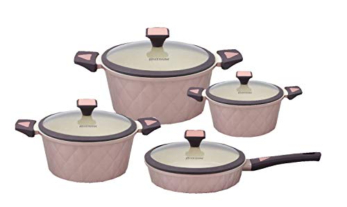 8 TLG. Druckguss Granit Kochtopfes Töpfe Pfanne Koch Induktion geeignet Champagner von Duygum