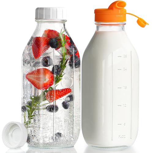 Dwbligt Wiederverwendbare Glas-Milchflaschen mit Silikon-Spenderkappe, 2 Stück Glasdosen mit luftdichtem Schraubdeckel, auslaufsichere Glas-Saftflaschen mit Skalenmarkierung für den Kühlschrank von Dwbligt