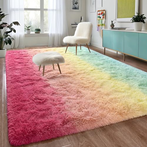 DweIke Flauschige Teppiche mit Farbverlauf, 1.5x2.4 m, bunte, moderne Flottenteppiche für Schlafzimmer, Wohnzimmer, ultraweicher und bequemer Kinderzimmerteppich, Rosa/Grün von DweIke