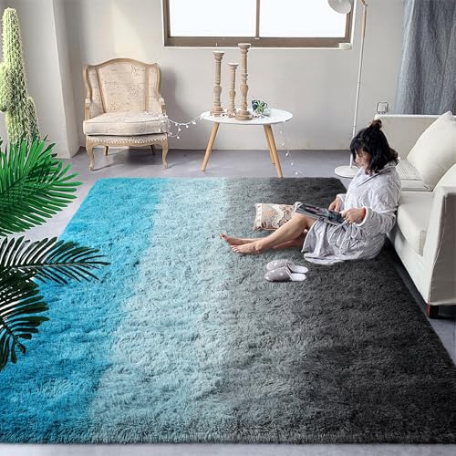 DweIke Luxuriöser flauschiger Kinder-Teppich für Wohnzimmer, Schlafzimmer, 20,3 x 25,4 cm, groß, zottelig, schwarz und blau, für Mädchen und Jungen, verbesserter Plüsch, rutschfest und waschbar von DweIke