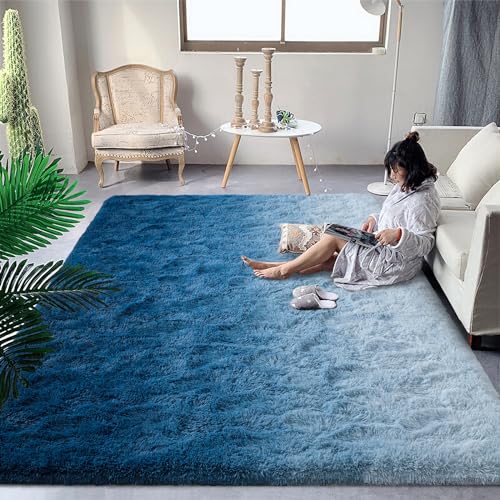 DweIke Luxuriöser flauschiger Kinder-Teppich für Wohnzimmer, Schlafzimmer, 20,3 x 25,4 cm, großer zotteliger Farbverlauf, marineblau, für Mädchen und Jungen, verbesserter Plüsch, rutschfest und von DweIke