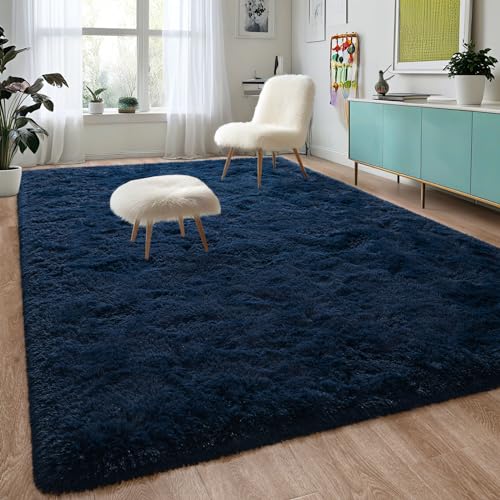 DweIke Super weiche Shaggy-Teppiche, flauschige Teppiche, 1.2x1.8 m, dunkelroter Teppich für Wohnzimmer, Schlafzimmer, Mädchen, Kinderzimmer, Heimdekoration, Nachttischteppich, Marineblau von DweIke