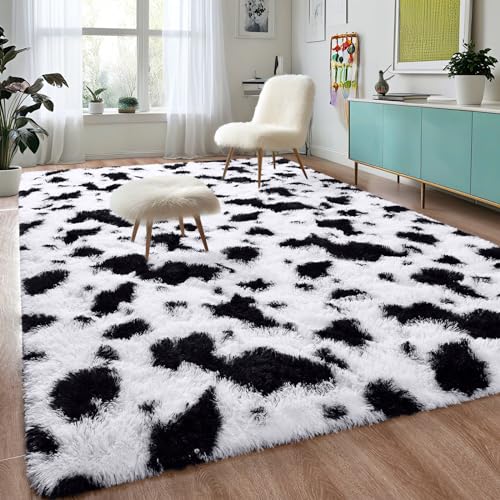 DweIke Superweiche Shaggy-Teppiche, 10x15 cm, Plüsch-Teppiche für Wohnzimmer, Schlafzimmer, flauschiger Teppich für Mädchen, Shag Plüschteppich für Teenager-Zimmerdekoration, Schwarz-Weiß von DweIke
