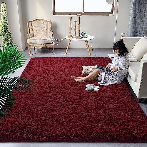 DweIke Superweicher Shaggy-Teppich, flauschige Teppiche, 90x152 cm, dunkelroter Teppich für Wohnzimmer, Schlafzimmer, Mädchen, Kinderzimmer, Heimdekoration, rutschfester Plüsch, 90x150 cm, Dunkelrot von DweIke