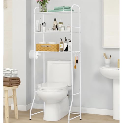 Badezimmer-Regal über der Toilette, 3-stöckig, platzsparend, freistehendes Regal mit Rollenhalter und 3 Haken, robustes, rostbeständiges Design für Organisation, Weiß, 157,5 cm H von DwelSpire