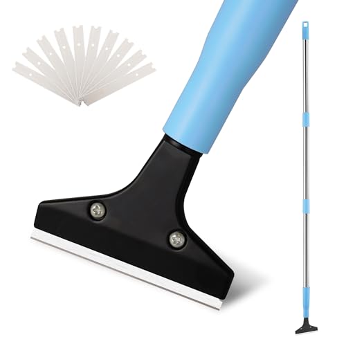 Silberner Bodenschaber mit 10 Ersatzklingen, 10,2 cm Rasierklinge, Edelstahl, verstellbarer langer Griff (94 cm bis 129,5 cm), robustes Schaber-Werkzeug für die Reinigung von Herdplatten, Glas von DwelSpire