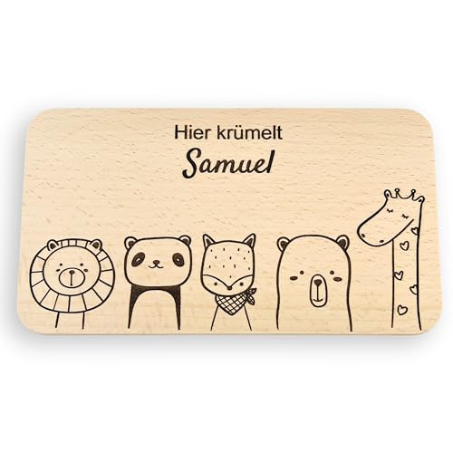 Brettchen personalisiert für Kinder mit Namen graviert - Frühstücksbrettchen personalisiert - Geschenk zur Taufe Junge - Baby Geschenk Junge - Geschenk zur Geburt - Hier krümelt Holzbrett - DwieDeko® von DwieDeko