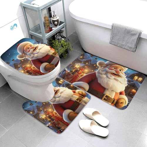 Dwrepo Badezimmerteppich-Set mit Weihnachtsmann-Druck, 3-teilig, mit rutschfester U-förmiger Konturmatte und WC-Deckelbezug, für Badezimmerdekoration von Dwrepo