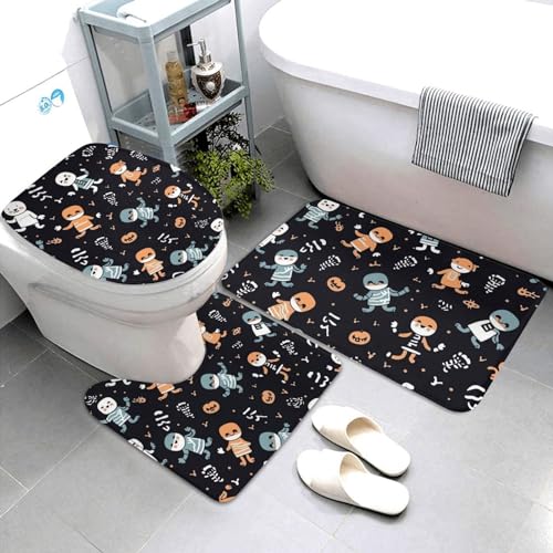 Dwrepo Badezimmerteppich-Set mit niedlichem Halloween-Muster, 3-teilig, mit rutschfester U-förmiger Konturmatte und WC-Deckelbezug für Badezimmer-Dekoration von Dwrepo