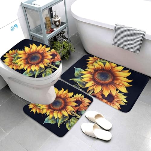 Dwrepo Badteppich-Set mit Sommer-Sonnenblumen-Druck, 3-teilig, mit rutschfester U-förmiger Konturmatte und WC-Deckelbezug für Badezimmer-Dekoration von Dwrepo