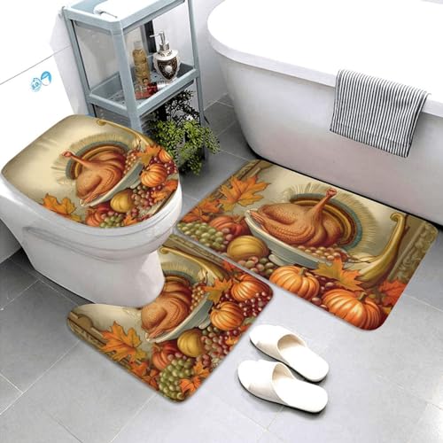 Dwrepo Happy Thanksgiving Print Badezimmerteppich-Set, 3-teilig, mit rutschfester U-förmiger Konturmatte und WC-Deckelbezug für Badezimmer-Dekoration von Dwrepo