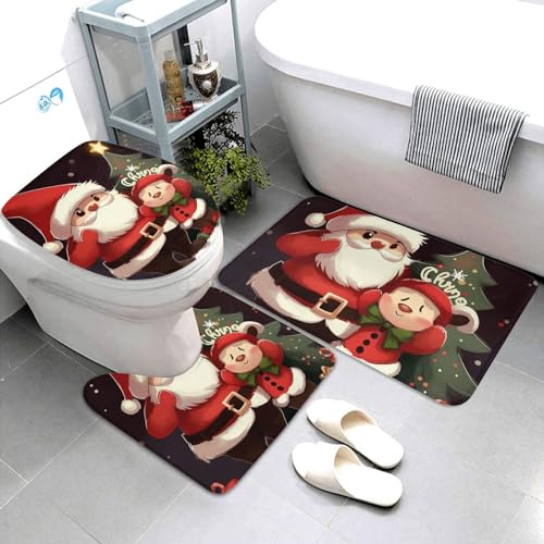 Dwrepo Merry Christmas Print Badezimmerteppich-Set, 3-teilig, mit rutschfester U-förmiger Konturmatte und WC-Deckelbezug für Badezimmer-Dekoration von Dwrepo