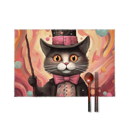 Tischsets 6er Set Abwaschbar Hitzebeständig Platzsets Abwischbar Tischmatten Katze hält einen Stock Platzsets für Küchentisch Rutschfeste Tischset für Esstisch Indoor Outdoor von Dwrepo