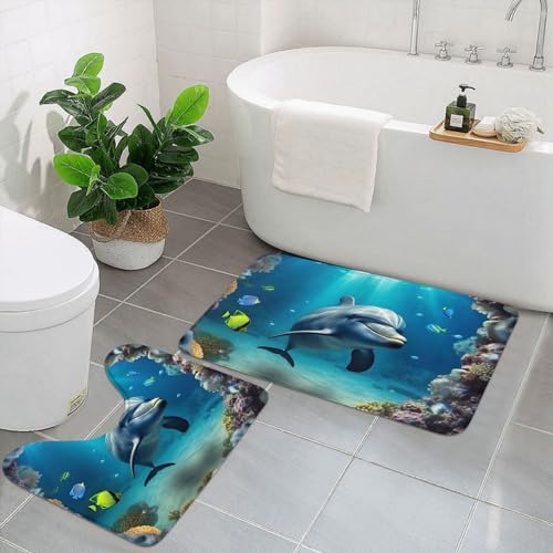 Underwater World Delphin Badezimmerteppich-Set, 2-teilig, superweiche Badematte und rutschfester U-förmiger WC-Vorleger, saugfähige Mikrofaser, Badvorleger, Duschvorleger, Teppich für Badezimmerboden von Dwrepo