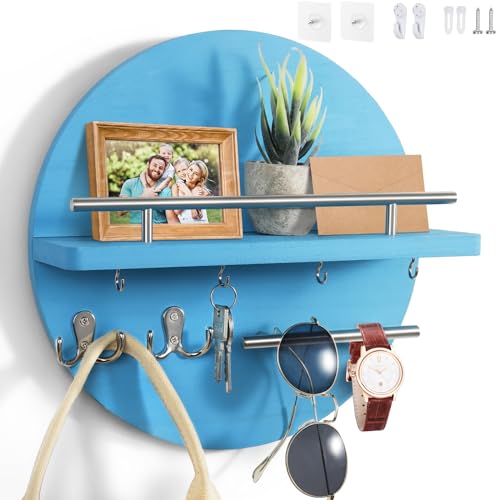 Dxiunove Schlüsselboard Vintage Holz mit Ablage Schlüsselbrett Rund Schlüsselhalter für Zuhause Dekorative Wandmontage Schlüsselbrett mit Vintage Charme(Blau) von Dxiunove