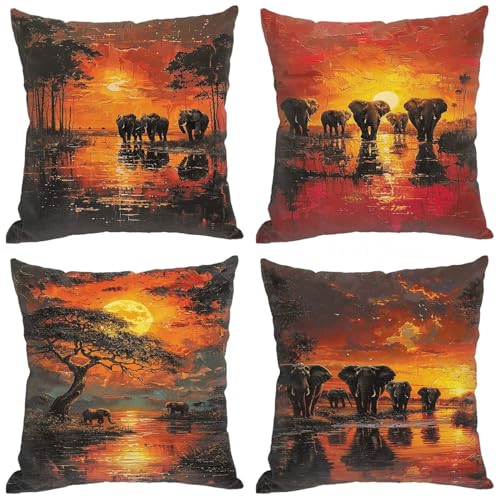 Kissenbezug 40x40 4er Set, Outdoor Kissen afrika, Doppelseitig Elefant Muster Kissenbezüge mit Unsichtbarem Reißverschluss, Home Zierkissen Couchkissen Room Dekokissen, Geschenke für Frauen D-286 von Dxoaoocc