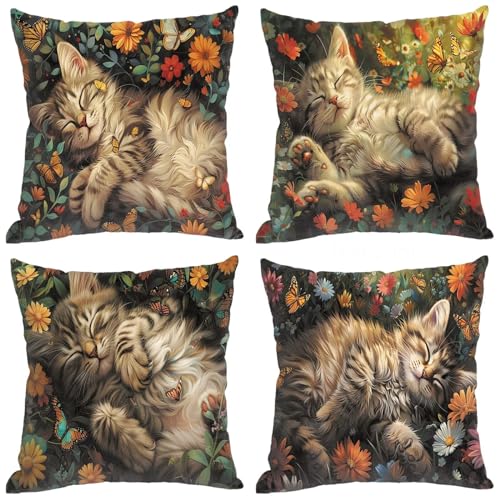Kissenbezug 45x45 4er Set, Outdoor Kissen Katze, Doppelseitig Farbenfrohe Blumen Muster Kissenbezüge mit Unsichtbarem Reißverschluss, Zierkissen Couchkissen Room Dekokissen, Geschenke für Frauen H-369 von Dxoaoocc