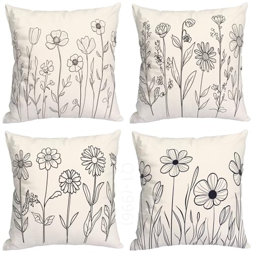 Outdoor Kissen Wetterfest, Blume Kissenbezug 30x30 4er Set, Outdoor Zierkissenbezüge Einfachheit Muster Design, Wetterfest Kissen mit Unsichtbarem Reißverschluss, Zimmer Deko, Geschenke für Frauen von Dxoaoocc