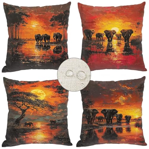 Outdoor Kissen Wetterfest 4er Set, afrika Kissenbezug 40x40, Elefant Muster Kissenbezüge mit Unsichtbarem Reißverschluss, Outdoor Dekokissen Couchkissen Garten Zierkissen, Geschenke für Frauen D-278 von Dxoaoocc