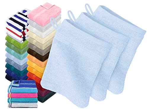 Dyckhoff Traumhaft weiche Bio-Handtuchserie - erhältlich in 22 modischen Unifarben in 7 verschiedenen Größen, sowie 7 Streifen-Variationen, 3er-Pack Waschhandschuhe 16 x 21 cm, himmelblau von Dyckhoff