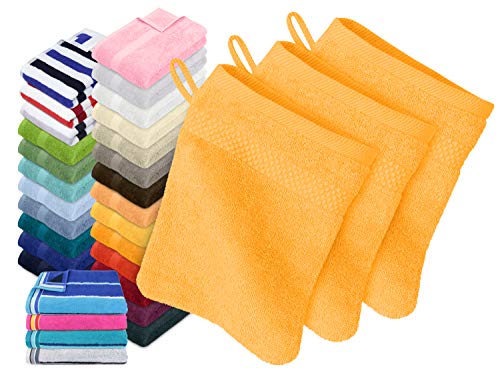 Dyckhoff Traumhaft weiche Bio-Handtuchserie - erhältlich in 22 modischen Unifarben in 7 verschiedenen Größen, sowie 7 Streifen-Variationen, 3er-Pack Waschhandschuhe 16 x 21 cm, mangogelb von Dyckhoff