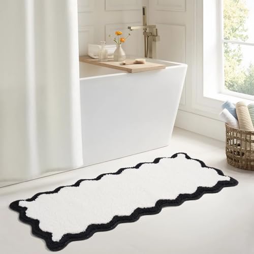 DyeFury Luxuriöser süßer Badezimmerläufer, weiße Badematte mit schwarzem gewelltem Rand, Mikrofaser, ästhetisch, trendig, flippig, lustig, adretter Teppich, extra weich, rutschfest, für Badewanne DyeFury Luxuriöser süßer Badezimmerläufer, weiße Badematte mit schwarzem gewelltem Rand, Mikrofaser, ästhetisch, trendig, flippig, lustig, adretter Teppich, extra weich, rutschfest, für Badewanne von DyeFury