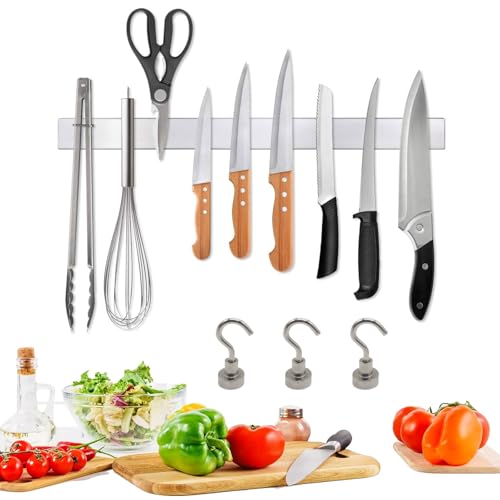 Magnetleiste Messer,40 cm Messer Magnetleiste selbstklebend,3M Klebeband ohne Bohren,aus Premium-Edelstahl,rostfrei & hygienisch,mit 3 Haken,Messerhalter Magnetisch Magnetleiste Messer,40 cm Messer Magnetleiste selbstklebend,3M Klebeband ohne Bohren,aus Premium-Edelstahl,rostfrei & hygienisch,mit 3 Haken,Messerhalter Magnetisch von Dyiouxin
