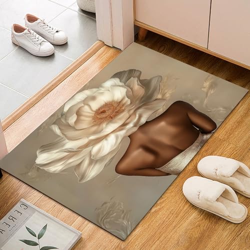 Dyjuaa Afrikanische Mädchen Fußmatte Schmutzfangmatte 60x90cm, Eleganter Blumen Teppich Antirutsch Waschbar, Teppich Kurzflor für Hund, Eingang, Haustür, Balkon, Küche, Flur von Dyjuaa