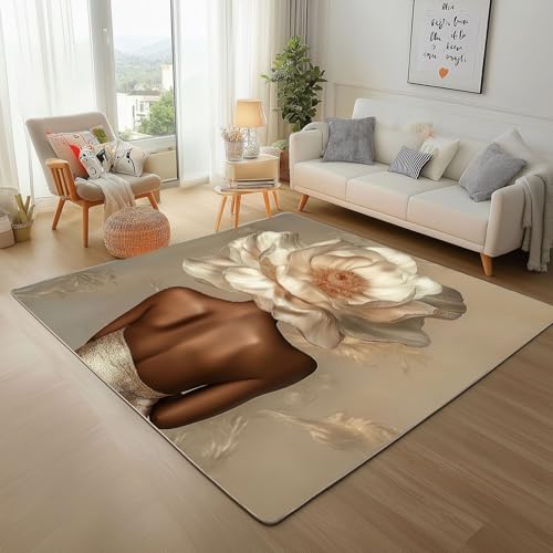 Dyjuaa Afrikanische Mädchen Teppich Kurzflor 120x160 cm, Eleganter Blumen Bettvorleger Weich rutschfest Waschbar, Carpet für Wohnzimmer, Schlafzimmer, Esszimmer, Kinderzimmer von Dyjuaa