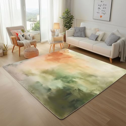 Dyjuaa Aquarell Abstrakt Kunst Teppich 140x200 cm, Orange Grün Teppiche Waschbar rutschfest Kurzflor, Carpet Weich für Schlafzimmer, Wohnzimmer, Esszimmer, Kinderzimmer von Dyjuaa