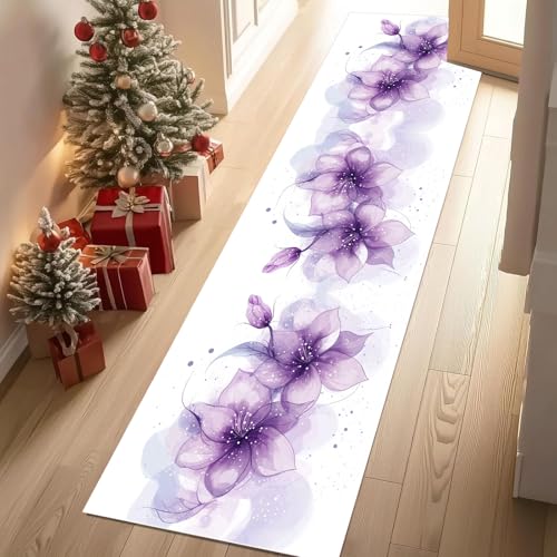 Dyjuaa Aquarell Blumenmuster Teppich Läufer Flur 60x180 cm rutschfest Fantasy Lila Blumen Waschbar Weich Kurzflor Küchenläufer Carpet Schlafzimmer Bettvorleger Teppiche für Flur Waschküche von Dyjuaa