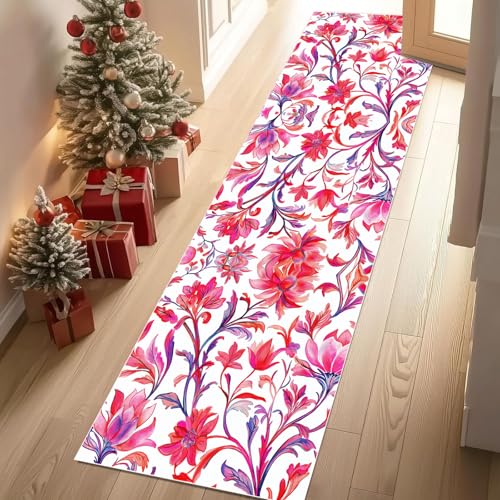 Dyjuaa Aquarell Blumenmuster Teppich Läufer Flur 60x210 cm rutschfest Romantisch Blumen Waschbar Weich Kurzflor Küchenläufer Carpet Schlafzimmer Bettvorleger Teppiche für Flur Waschküche von Dyjuaa