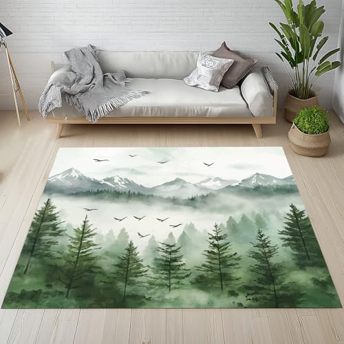 Dyjuaa Aquarell Natur Landschaft Waschbarer Teppich 200x280 cm, Nebel Wald Carpet Wohnzimmer Anti Rutsch Große Teppiche Schlafzimmer Weich Kurzflor Teppiche Matte Kinderteppich von Dyjuaa