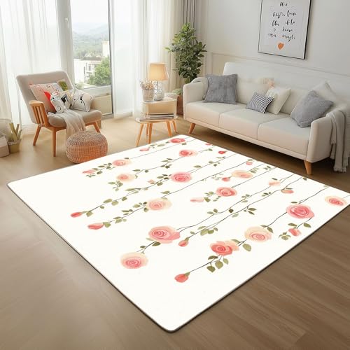 Dyjuaa Aquarell Rose Teppich 140x200 cm, Natur Blumen Blätter Teppiche Waschbar rutschfest Kurzflor, Carpet Weich für Schlafzimmer, Wohnzimmer, Esszimmer, Kinderzimmer Dyjuaa Aquarell Rose Teppich 140x200 cm, Natur Blumen Blätter Teppiche Waschbar rutschfest Kurzflor, Carpet Weich für Schlafzimmer, Wohnzimmer, Esszimmer, Kinderzimmer von Dyjuaa