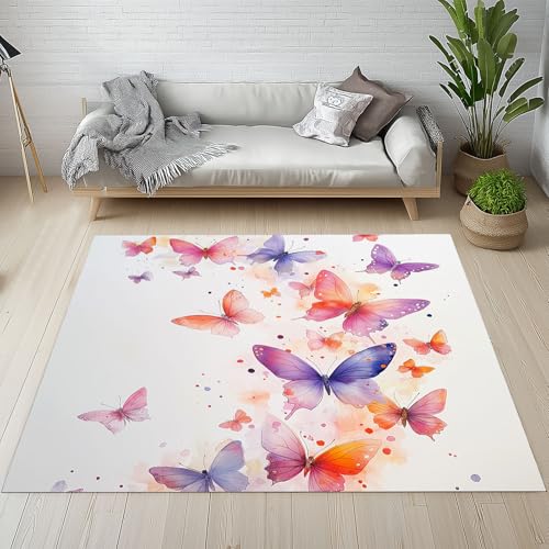 Dyjuaa Aquarell Schmetterling Waschbarer Teppich 200x280 cm, Elegant Romantisch Carpet Wohnzimmer Anti Rutsch Große Teppiche Schlafzimmer Weich Kurzflor Teppiche Matte Kinderteppich von Dyjuaa