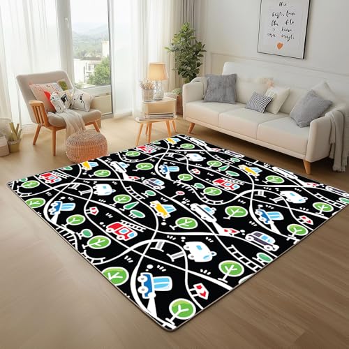 Dyjuaa Autos Kinder Teppich Wohnzimmer 80x120 cm, Straßenverkehr Verkehrsschildern Carpet Weich Kurzflor Waschbar, Teppiche rutschfeste für Schlafzimmer, Esszimmer, Kinderzimmer, Küche von Dyjuaa