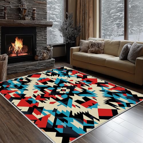 Dyjuaa Azteken Ethnischer Teppich 160x230 cm, Südwesten Tribal Carpet Waschbar rutschfest Kurzflor, Teppiche Weich für Schlafzimmer, Wohnzimmer, Esszimmer, Kinderzimmer von Dyjuaa