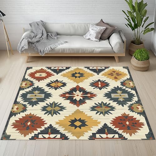 Dyjuaa Azteken Geometrie Teppich 160x230 cm, Vintage Ethnischer Carpet Waschbar rutschfest Kurzflor, Teppiche Weich für Schlafzimmer, Wohnzimmer, Esszimmer, Kinderzimmer von Dyjuaa