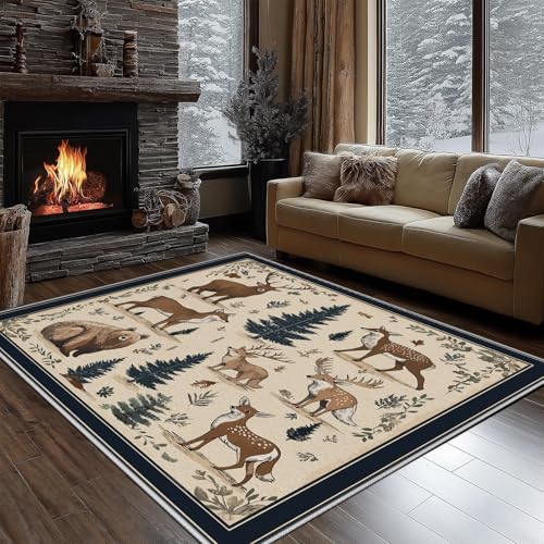 Dyjuaa Bär REH Sikahirsch Teppich 140x200 cm, Natur Illustration Teppiche Waschbar rutschfest Kurzflor, Carpet Weich für Schlafzimmer, Wohnzimmer, Esszimmer, Kinderzimmer von Dyjuaa