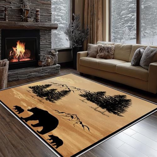 Dyjuaa Bär Silhouette Teppich Kurzflor 120x160 cm, Wald Berg Wildlife Bettvorleger Weich rutschfest Waschbar, Carpet für Wohnzimmer, Schlafzimmer, Esszimmer, Kinderzimmer Dyjuaa Bär Silhouette Teppich Kurzflor 120x160 cm, Wald Berg Wildlife Bettvorleger Weich rutschfest Waschbar, Carpet für Wohnzimmer, Schlafzimmer, Esszimmer, Kinderzimmer von Dyjuaa