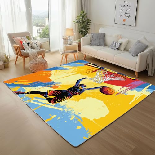 Dyjuaa Basketball Wettkampfspiele Teppich 140x200 cm, Sportthema Teppiche Waschbar rutschfest Kurzflor, Carpet Weich für Schlafzimmer, Wohnzimmer, Esszimmer, Kinderzimmer von Dyjuaa
