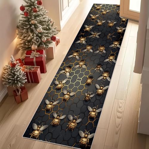 Dyjuaa Biene Waben Waschbar Läufer Teppich Flur Gold Hexagon Geometrie Küchen Teppichläufer 60x120 cm Kurzflor rutschfest Carpet für Fußmatte Schlafzimmer Bettvorleger Waschküche von Dyjuaa