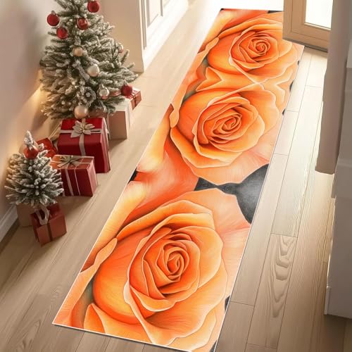Dyjuaa Blühende orange Rosen Teppich Läufer Flur 60x180 cm rutschfest Romantisch Blumen Garten Waschbar Weich Kurzflor Küchenläufer Carpet Schlafzimmer Bettvorleger Teppiche für Flur Waschküche von Dyjuaa